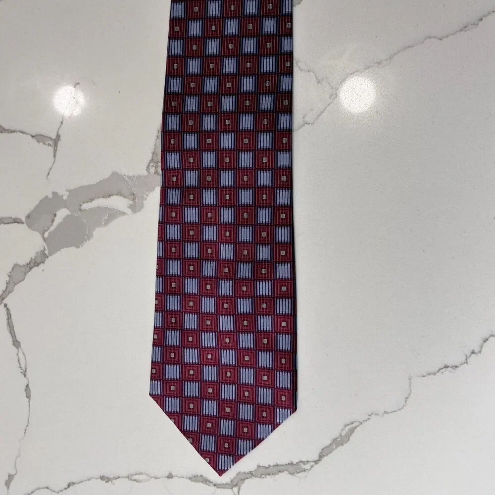 CRAZY HORSE Men's Burgundy Blue Geometric Oxford Tie Necktie 100% Silk Classic